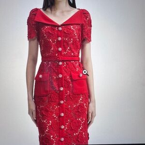 RED LACE OPEN NECK MIDI DRESS
